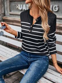 EMERY ROSE Women Color Block Striped Print Long Sleeve T-Shirt Graphic Tees Women Tops For Spring Outfit - Black and White - View 5