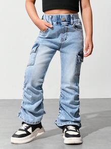 Girls Y2K Fashion Stone Washed Flare Jeans With Ruffle And Fold Over Pockets - Light Wash - View 5