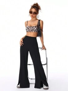 SHEIN EZwear 低腰喇叭腿开叉宽松休闲西装裤，街头时尚，春/秋/冬 - 黑色 - 查看 1