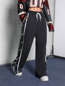 Coolane Pantalón deportivo para mujer con textura estriada y decoración, para usar en otoño, estilo urbano, de vuelta al colegio - Negro - Ver 5