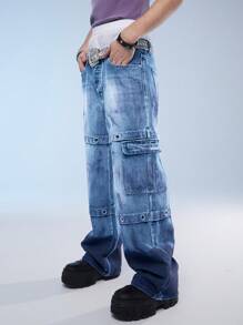 Manfinity Roghcode Quần Jeans Denim Thường Ngày Có Túi Và Nút Cho Nam - Rửa nhẹ - Xem 5