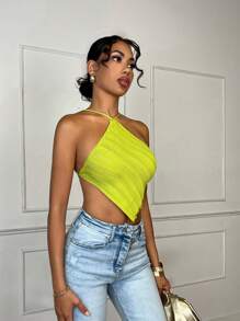 SHEIN BAE Lime Green Chic Elegant Summer Party Striped Lace Up Backless Asymmetrical Hem Knit Top,Women's Rave Festival Outfits,One Piece Swimsuit&Bikini Tops - Green - View 4