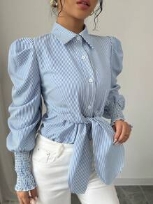 SHEIN Clasi Women's Button-Down Long Sleeve Striped Shirt With Tie Waist - Blue and White - View 7