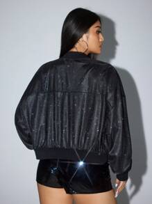 SHEIN ICON 大码亮片拼布拉链休闲夹克 - 黑色 - 查看 6