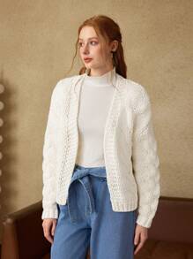 SHEIN MOD Cardigan Solto Branco Feminino, Queda/Inverno, Anos 90, Renascença, Old Money, Homecoming, Casual Business, Moda Coreana, Cottage Core, Vestuário de Escritório - Branco - Visão 6