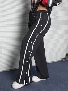 Coolane Pantalón deportivo para mujer con textura estriada y decoración, para usar en otoño, estilo urbano, de vuelta al colegio - Negro - Ver 6