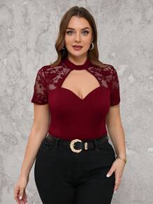 SHEIN Clasi Camiseta elegante de encaje y tejido de punto para talla grande en verano