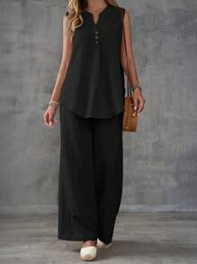EMERY ROSE 2pcs/Set Women Sleeveless Textured Vest And Wide-Leg Button Front Pants Set - Black - View 6