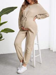 SHEIN Maternity Long Sleeve Jumpsuit With Drawstring And Bow Knitted Romper For Fall/Winter - Khaki - View 1