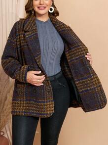EMERY ROSE Plus Size Women's Plaid Lapel Thermal Long Sleeve Knitted Coat, Fall/Winter