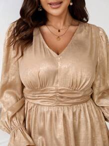 SHEIN Frenchy Plus Size Women Bridgerton Style V-Neck Long Sleeve Solid Color Dress - Gold - View 6