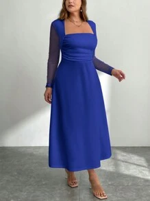 SHEIN Privé 大码女式蓝色 A 字形露背长袖修身连衣裙，褶皱侧开衩连衣裙，秋季/返校季