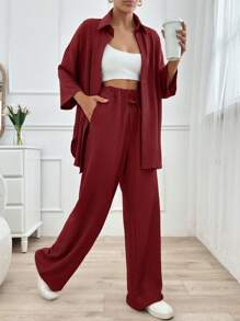 EURMUSE Two Pieces Pant And Top - Burgundy - View 3