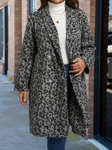Blazer de manga larga con estampado de leopardo para mujeres talla grande