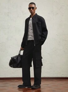 AKNOTIC Business Casual Men's Woven Slim Fit Casual Shacket, For Fall Winter - Black - View 2