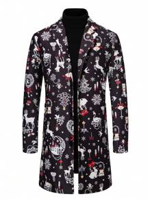 Manfinity Homme Manteau d'affaires mode à imprimé tout-sur-over pour hommes, col rabattu, à manches longues, tissu de Noël, vêtements d'automne pour hommes - Noir - Voir 1