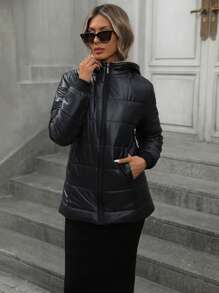 Aveloria Modichic 简约格子绗缝连帽拉链加厚棉服冬季休闲百搭 - 黑色 - 查看 4