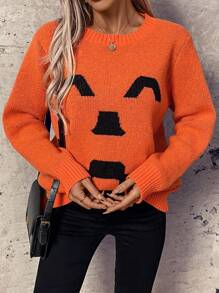 Chiquease Cute Fall Halloween Smiling Face Women Orange Sweater Knit Pullover Fall Winter Outfit - Orange - View 1