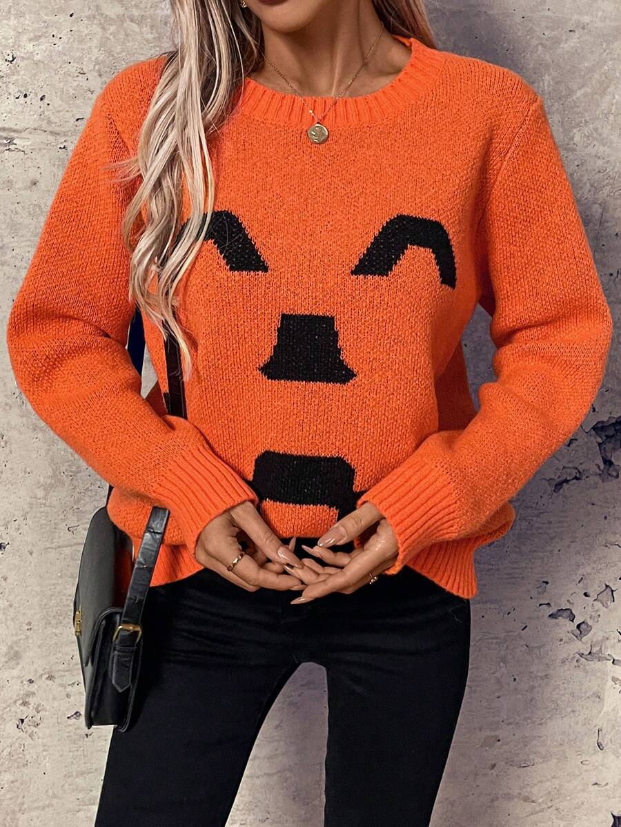Chiquease Cute Fall Halloween Smiling Face Women Orange Sweater Knit Pullover Fall Winter Outfit - Orange - View 1