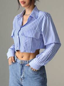 SHEIN EZwear 女式春夏条纹长袖实用口袋短款休闲衬衫 - 藍色 - 查看 3