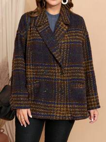 EMERY ROSE Plus Size Women's Plaid Lapel Thermal Long Sleeve Knitted Coat, Fall/Winter