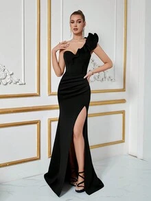 ADYCE Vestido elegante de noche, fiesta, graduación, cena, color negro formal para bodas y eventos, con un hombro, fruncido, pliegues delanteros y abertura lateral - Negro - Ver 4