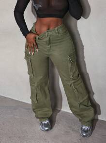 Slaydiva Petos vaqueros con bolsillo para mujer, pantalones cargo de mujer color verde militar, pantalones vaqueros holgados, pantalones holgados de mujer, pantalones de otoño para mujer - Verde militar - Ver 7