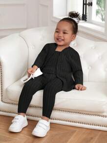 SHEIN 3pcs Baby Girl Set: Grey Knit Cardigan, Top & Pants