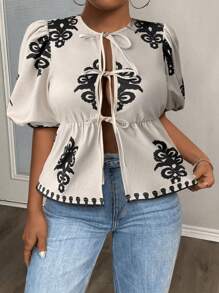 Slaydiva 大码女式印花上衣，印花T恤，外出上衣，返校季上衣，演唱会性感女装，蝴蝶结上衣 - 杏色 - 查看 1