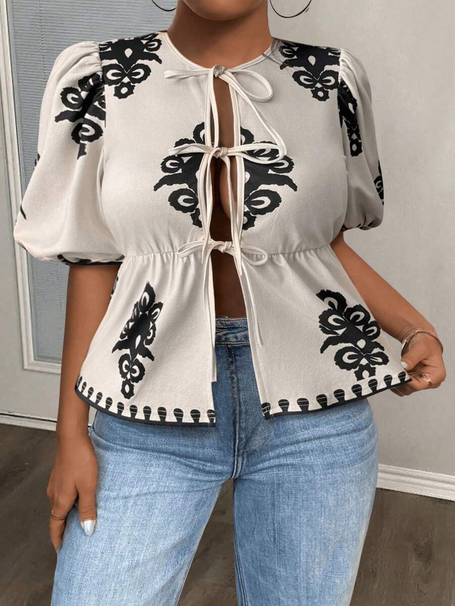 Slaydiva 大码女式印花上衣，印花T恤，外出上衣，返校季上衣，演唱会性感女装，蝴蝶结上衣 - 杏色 - 查看 1