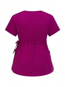 SHEIN TaskFit Plus Size V-Neck Drawstring Pocket Short Sleeve Top And Elastic Waist Pants Uniform Scrub Set - Hot Pink - View 9