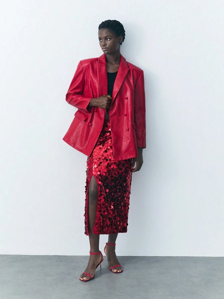 SHEIN Maija Women's Sequin Fitted Split Design High-Quality Skirt For Women Elegant