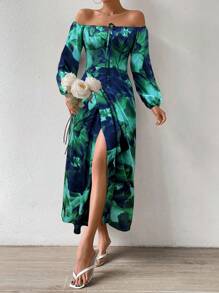 VaVaBold Đầm Maxi hở vai in hoa tay đèn lồng xẻ tà thanh lịch cho nữ đi nghỉ - Nhiều màu - Xem 3