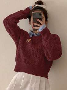 DAZY Women's Pattern Embroidered Cropped Fitted Casual Sweater,Fall Clothes - Red Violet - View 4