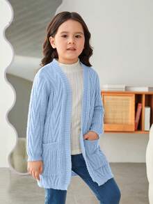 SHEIN 年轻女孩长袖休闲度假风格开衫 - 藍色 - 查看 3