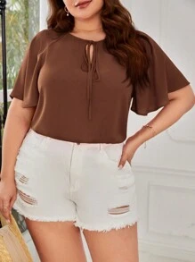 SHEIN Clasi 大码女式纯色简约日常系带短袖衬衫，商务休闲女装 - 巧克力棕 - 查看 3