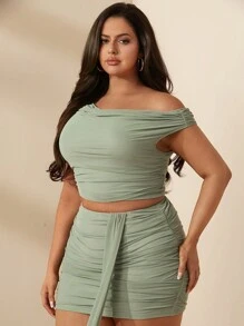 SHEIN BAE Plus Size Women's Elegant Sweet Date Summer Sage Green Asymmetrical Neck Solid Color Cascading Ruffle Blouse + Ruffled Mini Skirt 2Pcs Set