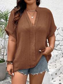 SHEIN LUNE Plus Size Solid V-Neck Casual Short Sleeve Shirt, Summer - Rust Brown - View 4