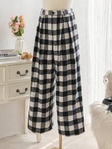 Dreamara Pantalones anchos de pierna ancha de cuadros blanco y negro con doble cintura para mujer talla grande de vacaciones - Multicolor - Ver 5
