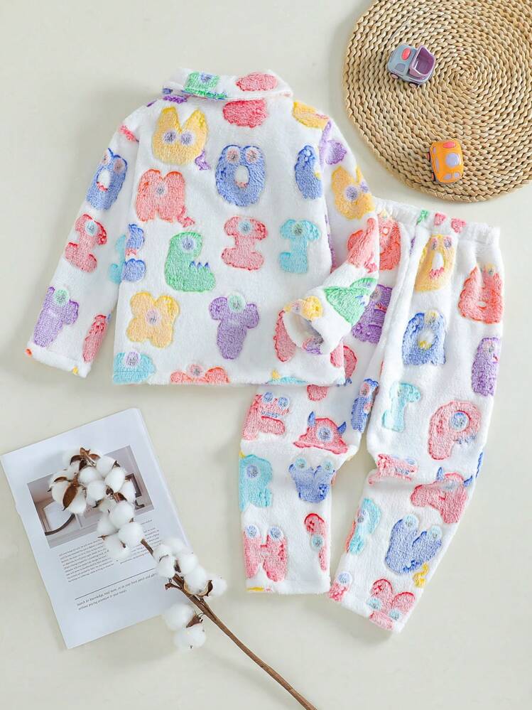 Conjunto de pijama de 2 piezas para niños con chaqueta y pantalones de forro polar con estampado gráfico que brilla en la oscuridad, cómodo y elegante - Blanco - Añade 2