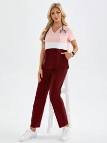 TaskEZ 撞色 V 领短袖口袋衬衫和裤子制服套装