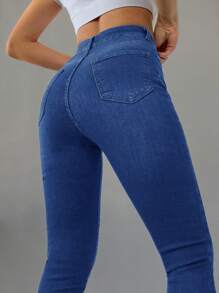 RueChic Solid Zipper Fly Skinny Jeans - Dark Wash - View 4