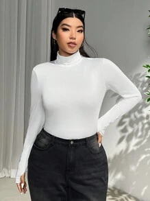 SHEIN EZwear Plus Size Women's High Collar Long Sleeve Versatile T-Shirt, Fall & Winter - White - View 1