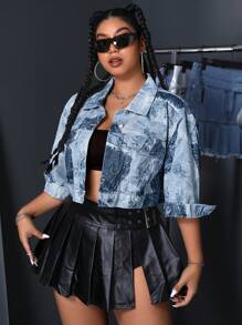 SHEIN ICON Plus Size Spring & Summer Fashionable Printed Washed Cropped Denim Jacket - Medium Wash - View 6