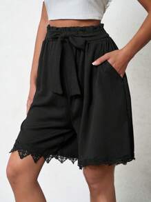 EURMUSE Women Lace Splicing Floral Hem Shorts - Black - View 4