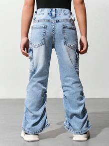 Girls Y2K Fashion Stone Washed Flare Jeans With Ruffle And Fold Over Pockets - Light Wash - View 2
