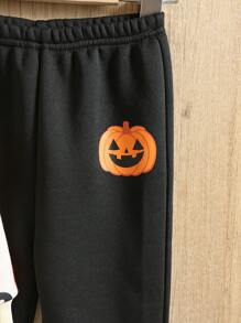 SHEIN 2 件套婴幼儿万圣节骷髅南瓜蝙蝠印花连帽衫运动衫和裤子套装，杏色和橙色 - 彩色 - 查看 6