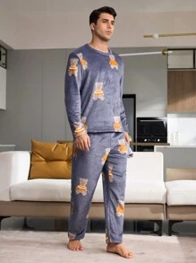 Cute Panda Plush Winter Lounge Suit Set For Men - Multicolor - View 8