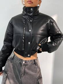 Muchica PU 立领纯色拉链短款夹棉大衣，秋冬款 - 黑色 - 查看 7