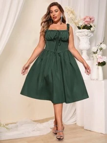 SHEIN Belle Plus Size Collar Strap Ruffle Tie-Waist Elegant Formal Dress (Heavily Embellished) - Dark Green - View 4